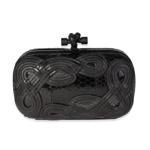 115992 fv Bottega Veneta Black Passameria Snakeskin Knot Clutch