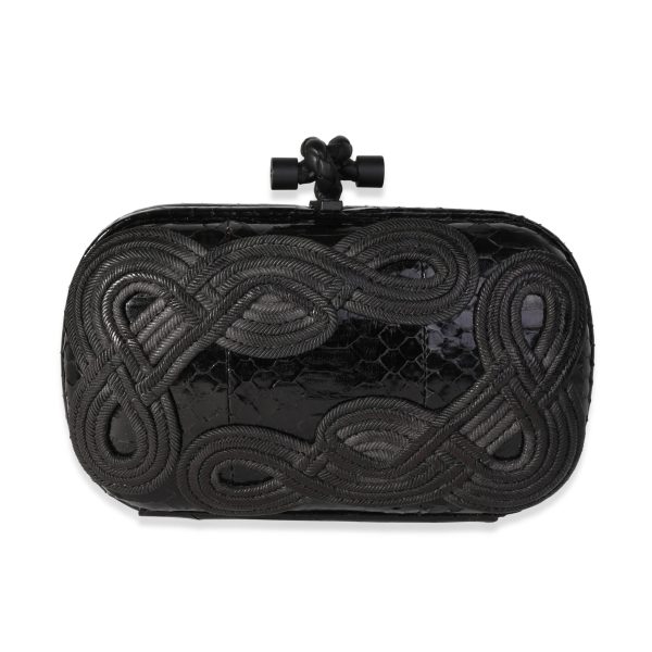 115992 pv Bottega Veneta Black Passameria Snakeskin Knot Clutch