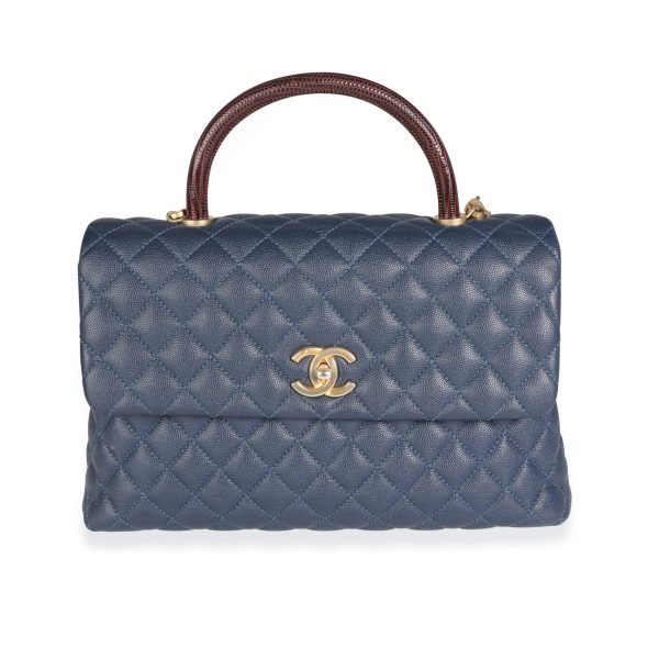 116298 fv 7f94bcf6 cbf3 4958 b318 a2c16a484e51 Chanel Navy Quilted Caviar Brown Lizard Large Coco Handle Flap Bag