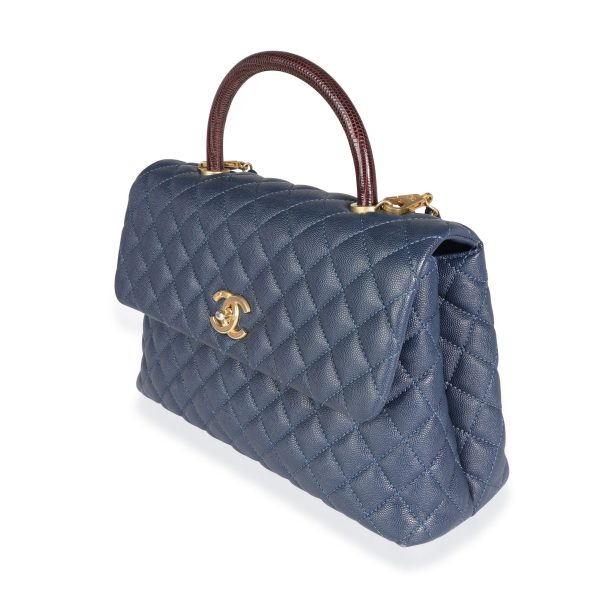 116298 sv 9d66d9b9 5434 4db8 9a9b 81cc50171c5f Chanel Navy Quilted Caviar Brown Lizard Large Coco Handle Flap Bag