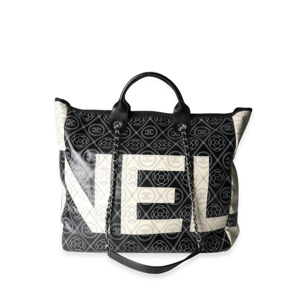 116592 fv Chanel Black and Beige Coated Canvas and Leather Camellia CC Print Shopper Tote