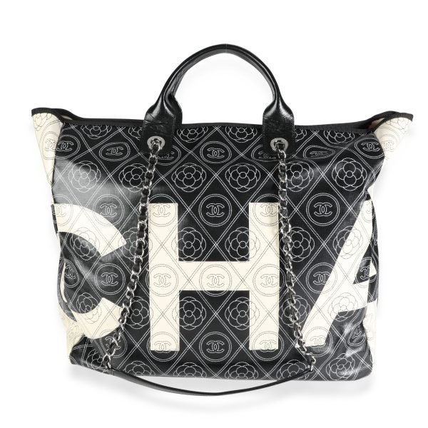 116592 pv Chanel Black and Beige Coated Canvas and Leather Camellia CC Print Shopper Tote