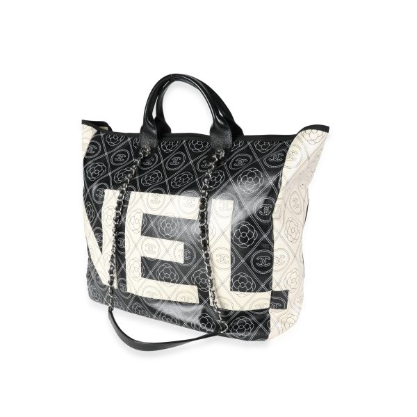 116592 sv Chanel Black and Beige Coated Canvas and Leather Camellia CC Print Shopper Tote