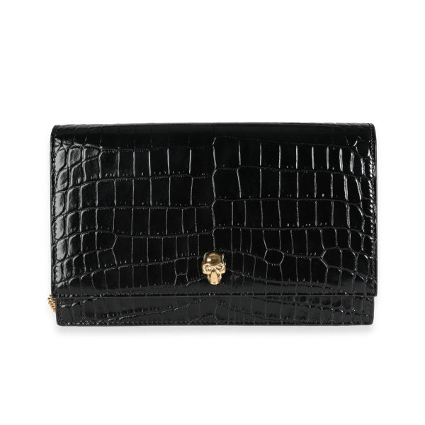 117134 fv 2c015162 0b9d 495b 9fe6 e1a51fc0da4d Alexander McQueen Black Crocodile Embossed Leather Skull Shoulder Bag