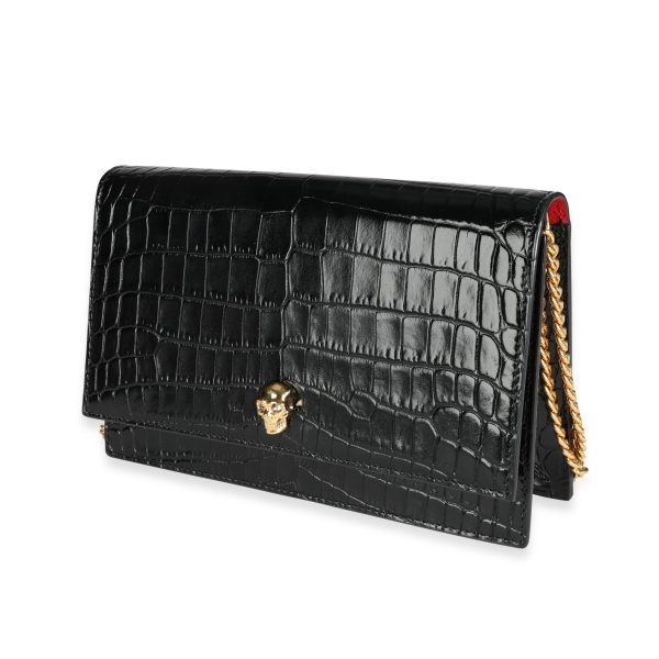 117134 sv 6fb2e5ba 7fa5 4cf6 8563 e290ad3501a7 Alexander McQueen Black Crocodile Embossed Leather Skull Shoulder Bag