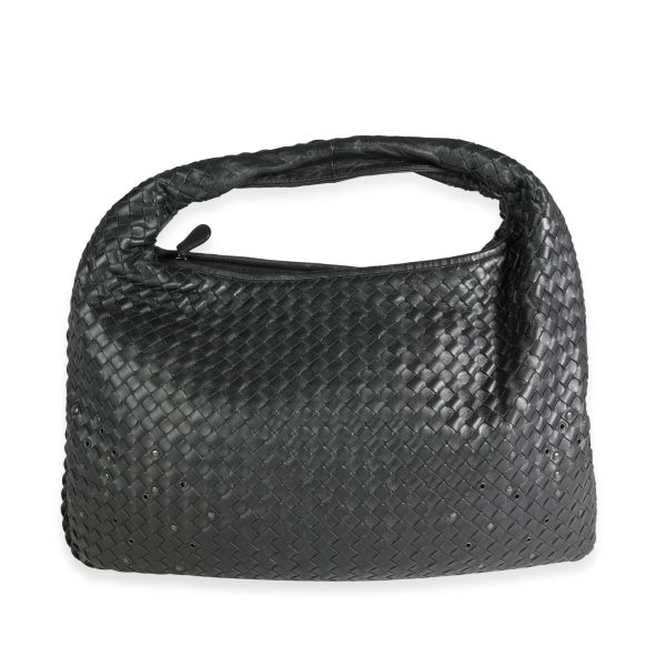 117157 fv Bottega Veneta Black Intrecciato Nappa Leather Large Grommeted Veneta Hobo