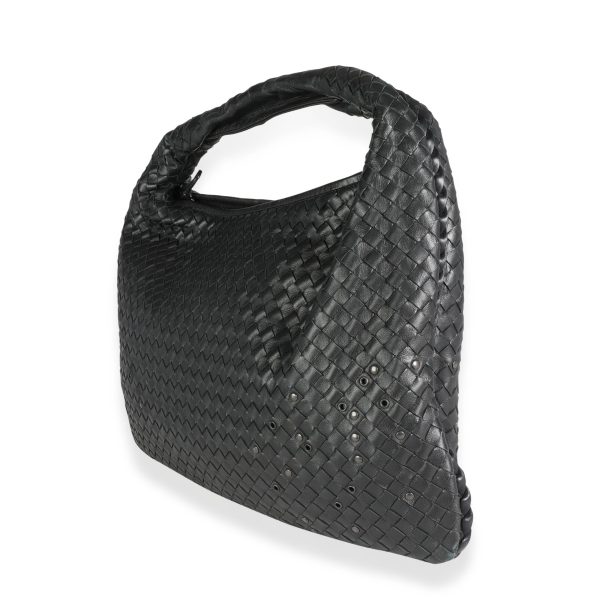 117157 sv Bottega Veneta Black Intrecciato Nappa Leather Large Grommeted Veneta Hobo