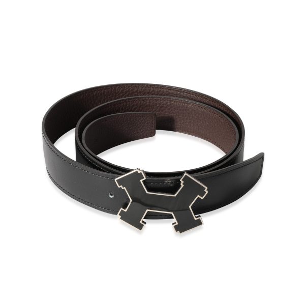 117324 fv Hermès Black Box Calf Chocolat Togo Street H Reversible Belt 100 Enamel PHW