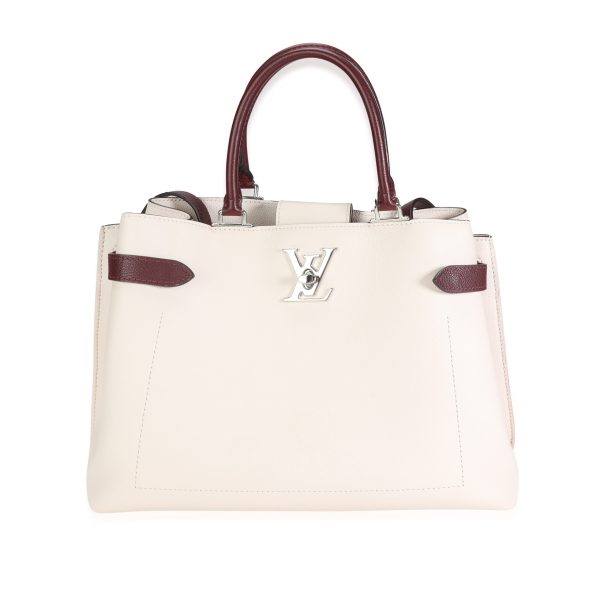 117387 fv Louis Vuitton Cream Burgundy Grained Calf Leather Lockme Day Bag