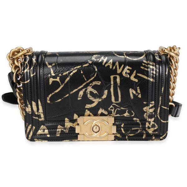 117642 fv 0f4be575 0779 4251 924f 48dd83721e62 Chanel Black and Gold Crocodile Embossed Leather Small Graffiti Boy Bag