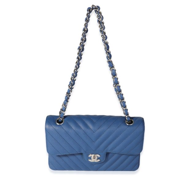 117761 bv Chanel Blue Caviar Quilted Chevron Small Classic Double Flap Bag