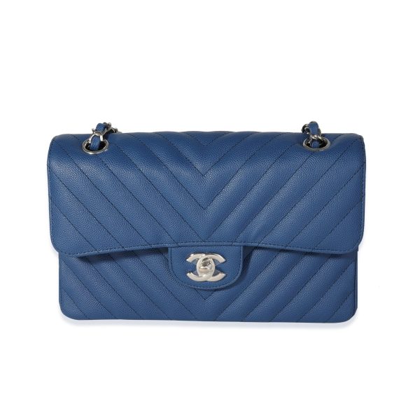 117761 fv Chanel Blue Caviar Quilted Chevron Small Classic Double Flap Bag