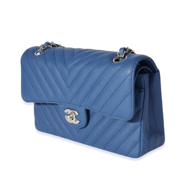 117761 sv Chanel Blue Caviar Quilted Chevron Small Classic Double Flap Bag