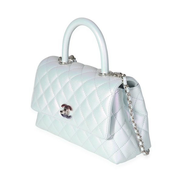 117767 sv Chanel Light Blue Iridescent Quilted Caviar Small Coco Top Handle Bag