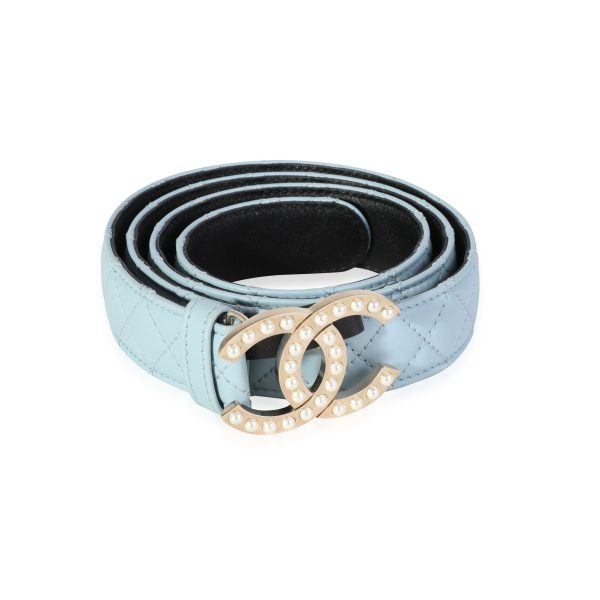 117794 fv Chanel Light Blue Quilted Leather CC Pearl Belt 9036