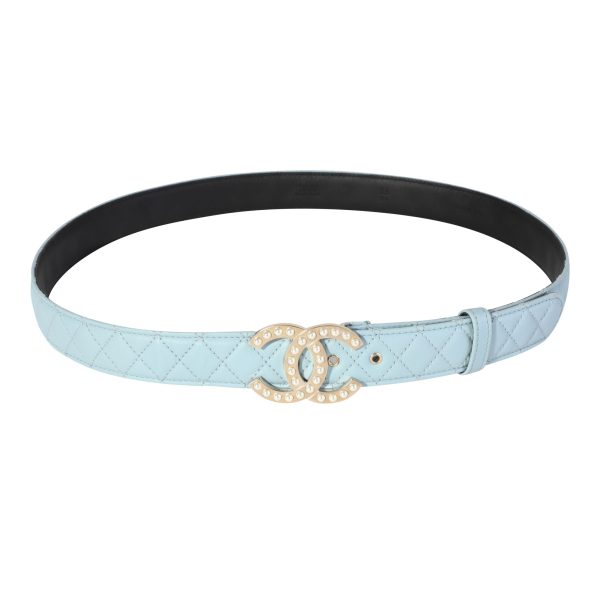 117794 sv Chanel Light Blue Quilted Leather CC Pearl Belt 9036