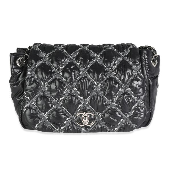 117860 fv Chanel Black and Grey Nylon Paris Byzance Tweed On Stitch Flap Bag