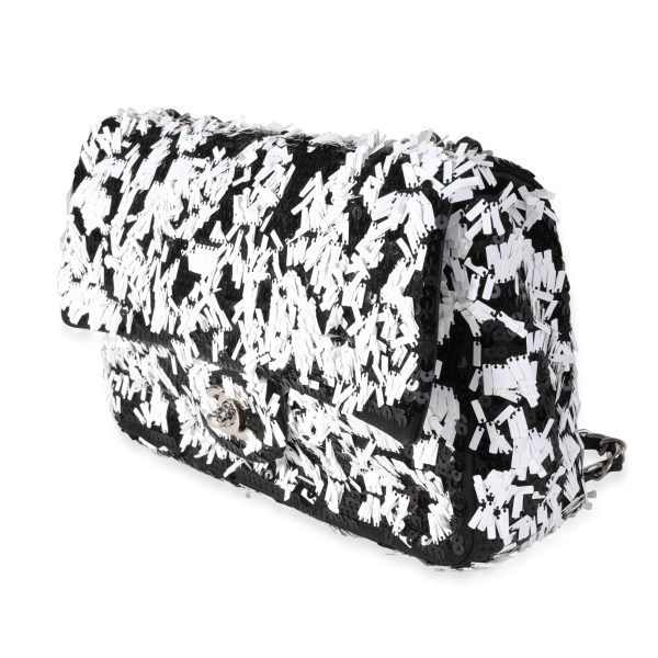 118012 sv Black White Sequin Medium Single Flap Bag