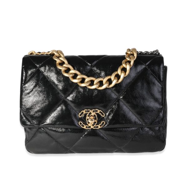 118094 fv Chanel Black Quilted Patent Leather Large Chanel 19 Bag