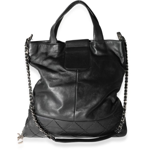 118214 pv Chanel Black Diamond Stitched Leather Expandable Zip Tote