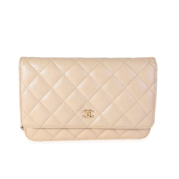 118296 fv Chanel Metallic Beige Quilted Caviar Wallet on Chain