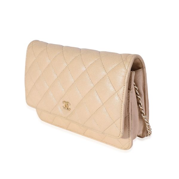 118296 sv Chanel Metallic Beige Quilted Caviar Wallet on Chain