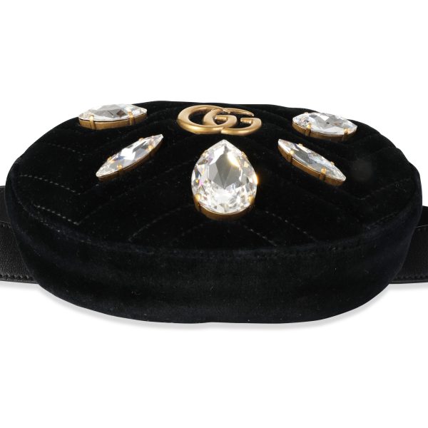 118469 box Gucci Black Matelassé Velvet Black Leather Crystal Marmont Belt Bag 85