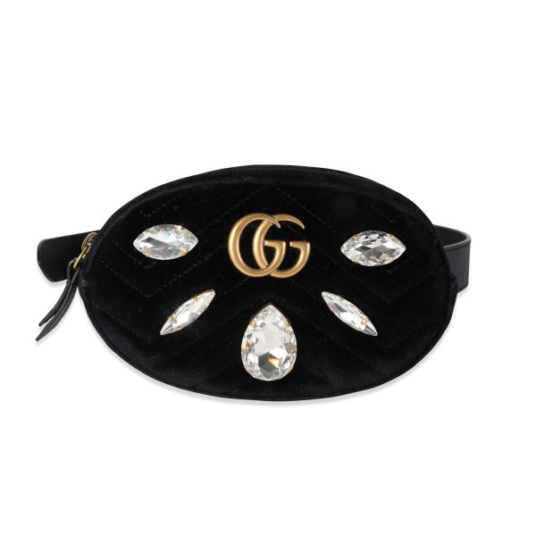 118469 fv Gucci Black Matelassé Velvet Black Leather Crystal Marmont Belt Bag 85