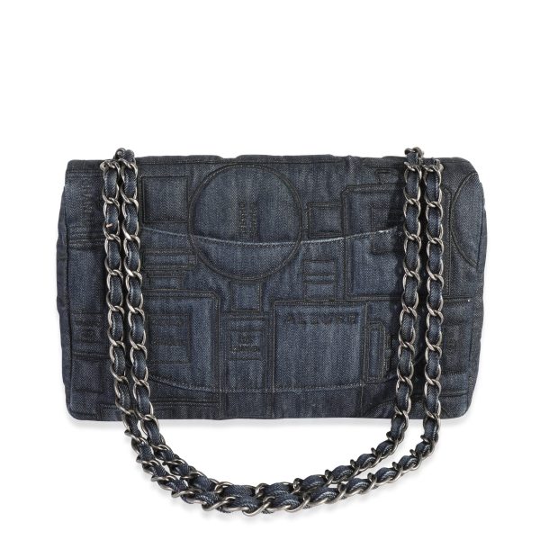 118511 stamp c8e6c7c2 d177 4c0a 821e 871ba047714b Chanel Blue Denim Black Embroidery Jumbo Perfume Bottle Flap Bag