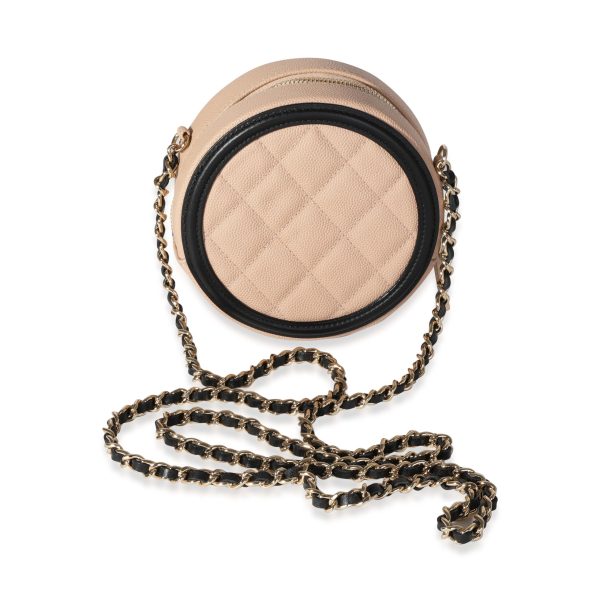 118560 sv Chanel Beige Black Caviar Quilted Round Filigree Crossbody