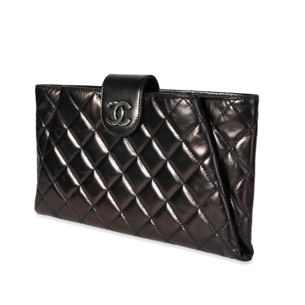 118838 sv Chanel Black Glazed Calfskin Coco Pleats Clutch