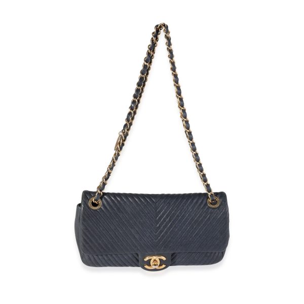 118929 bv Chanel Navy Chevron Quilted Coco Vintage Flap