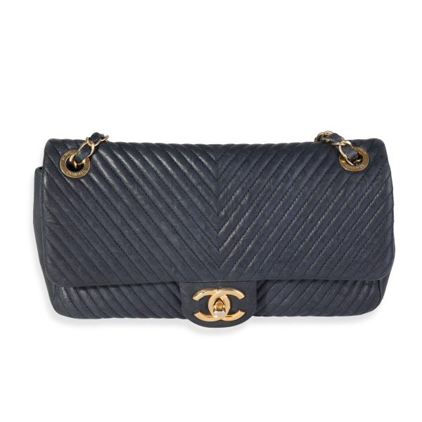 118929 fv Chanel Navy Chevron Quilted Coco Vintage Flap