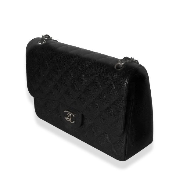 119077 sv Chanel Black Quilted Caviar Jumbo Classic Double Flap Bag