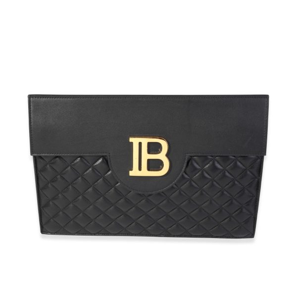 119086 fv Balmain Black Quilted Lambskin B Pouch Logo Clutch