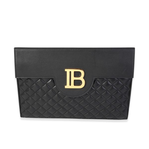 119086 fv cd3431a6 2ce1 4818 b87b a1fdcf2d98ed Balmain Black Quilted Lambskin B Pouch Logo Clutch