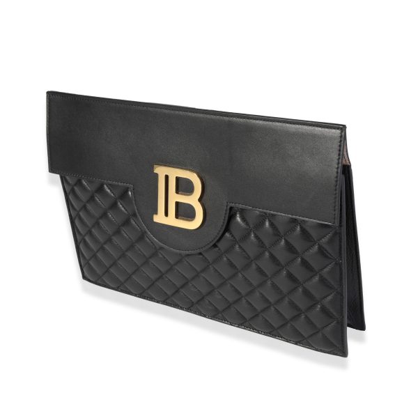 119086 sv Balmain Black Quilted Lambskin B Pouch Logo Clutch