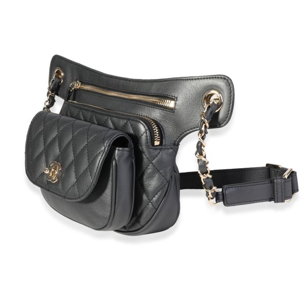 119255 sv Chanel Black Quilted Metallic Aged Calfskin Belt Bag