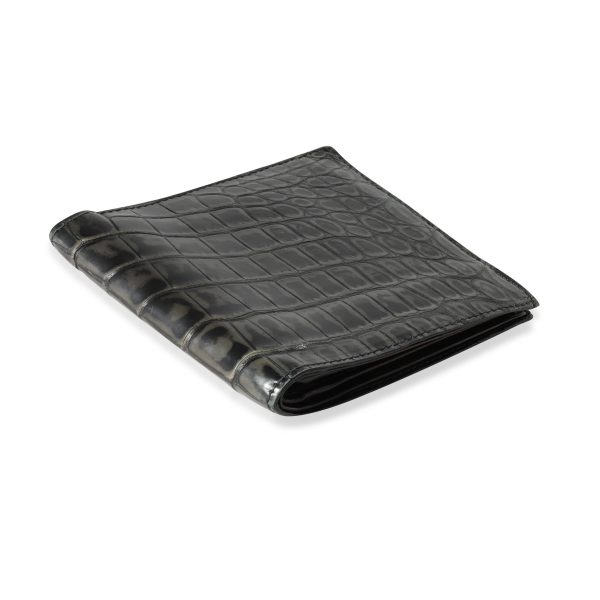 119257 clasp Bottega Veneta Black Charcoal Gradiated Crocodile Bifold Wallet