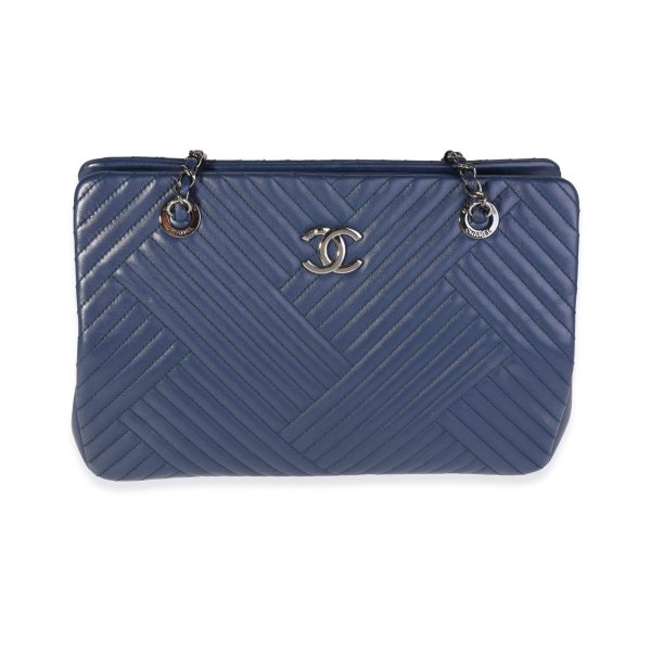 119266 fv Chanel Navy Chevron Lambskin CC Crossing Shopping Tote