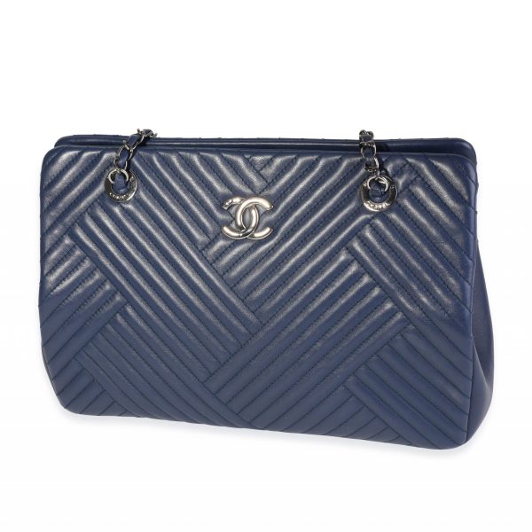 119266 sv Chanel Navy Chevron Lambskin CC Crossing Shopping Tote