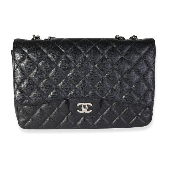 119370 fv Chanel Black Quilted Caviar Jumbo Classic Single Flap Bag