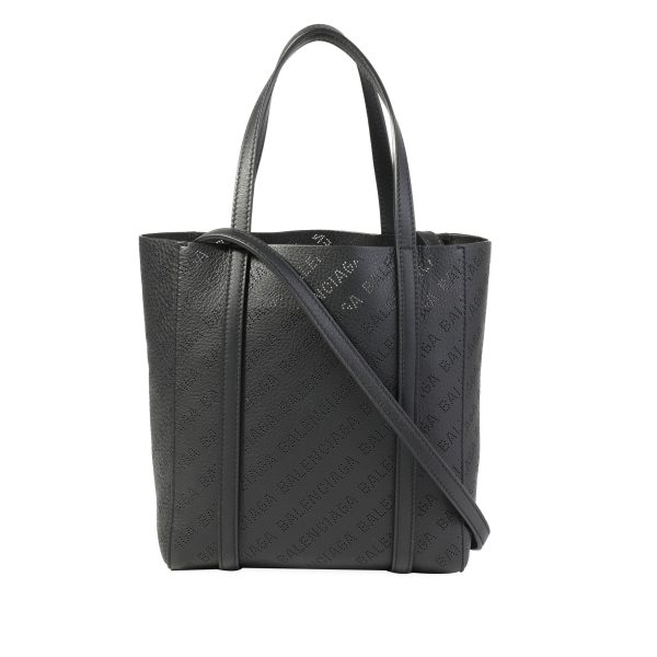 119595 fv Balenciaga Black Smooth Calfskin Logo Perforated XXS Everyday Tote