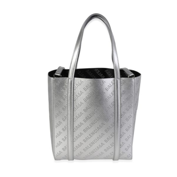 119597 fv Balenciaga New Silver Calfskin Logo Perforated XXS Everyday Tote