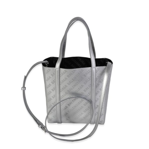 119597 pv Balenciaga New Silver Calfskin Logo Perforated XXS Everyday Tote