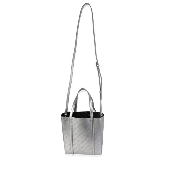 119597 stamp Balenciaga New Silver Calfskin Logo Perforated XXS Everyday Tote