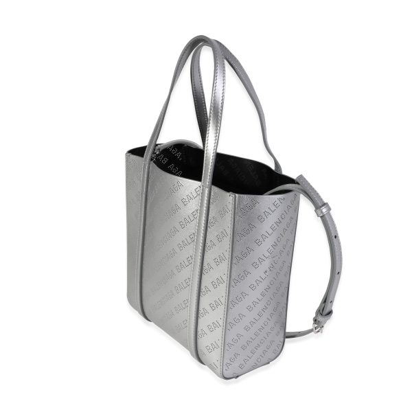 119597 sv Balenciaga New Silver Calfskin Logo Perforated XXS Everyday Tote