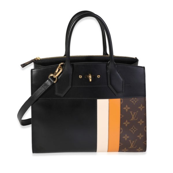 119740 fv Louis Vuitton Black Calfskin Monogram Canvas City Steamer MM Tote