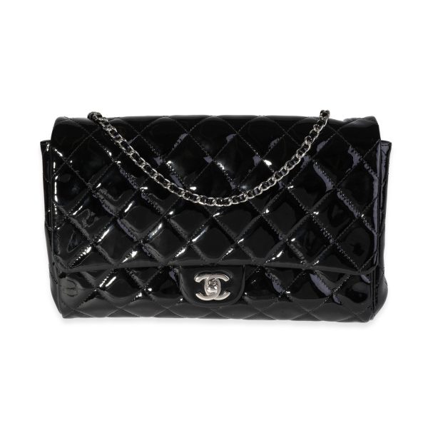 119791 fv Chanel Black Quilted Patent Leather Classic Flap Clutch with Chain