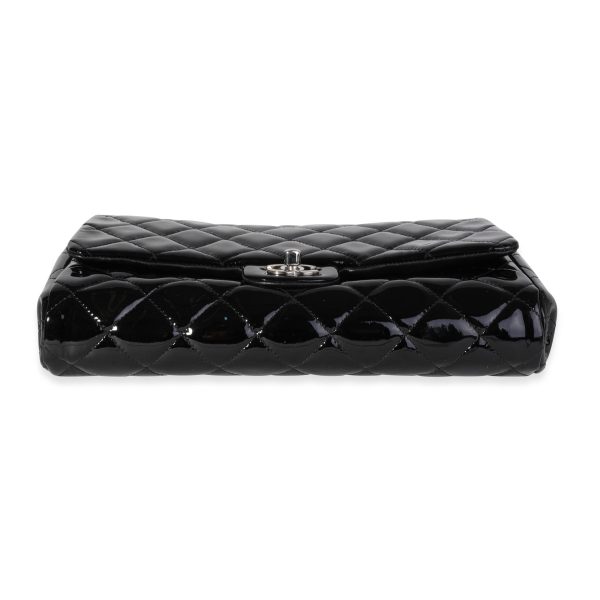 119791 stamp Chanel Black Quilted Patent Leather Classic Flap Clutch with Chain